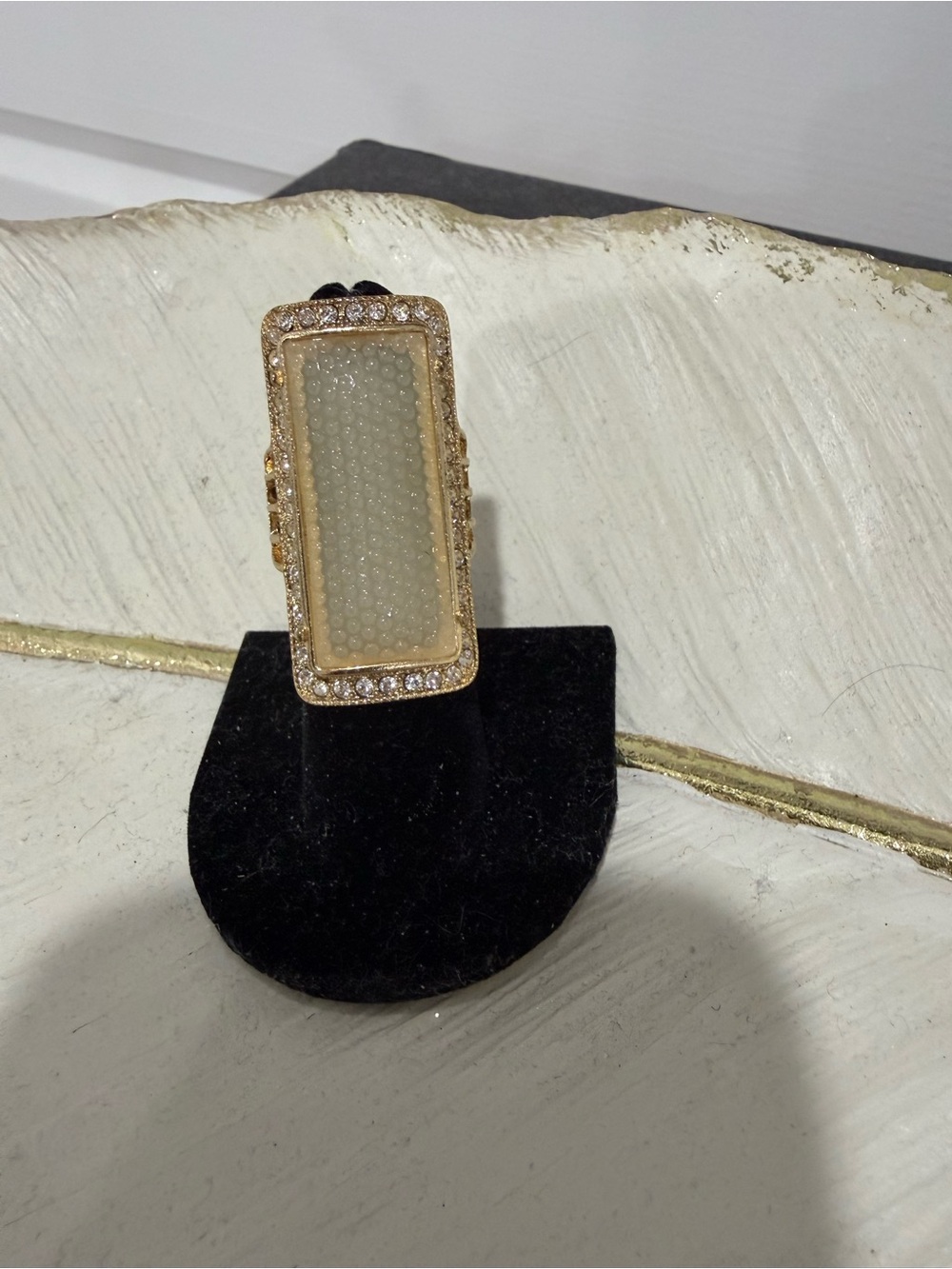 Gold Rectangular Cocktail Ring with Cream Center and Crystal Accents
